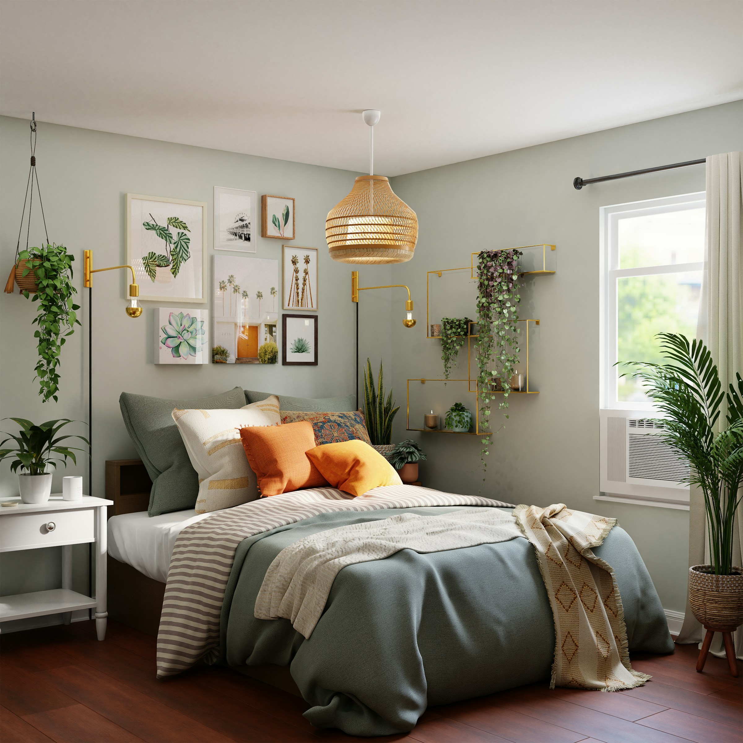 A bright bedroom in sage and white
